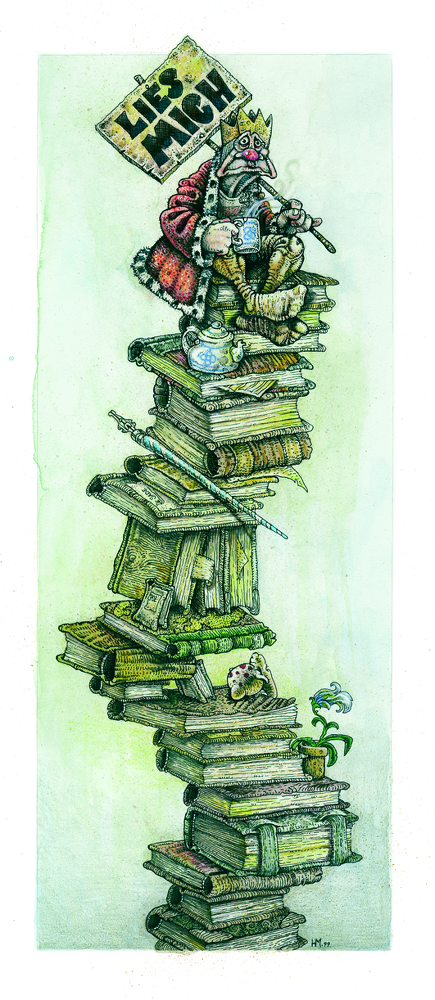 König Hans sitzt auf einem riesigem Turm gebildet aus alten Büchern, mit einem Schild in der Hand auf dem steht: Lies mich.